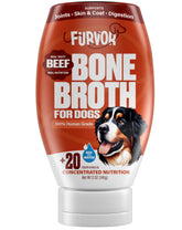 Furvor beef bone broth concentrate poured over kibble for hydration and flavor.