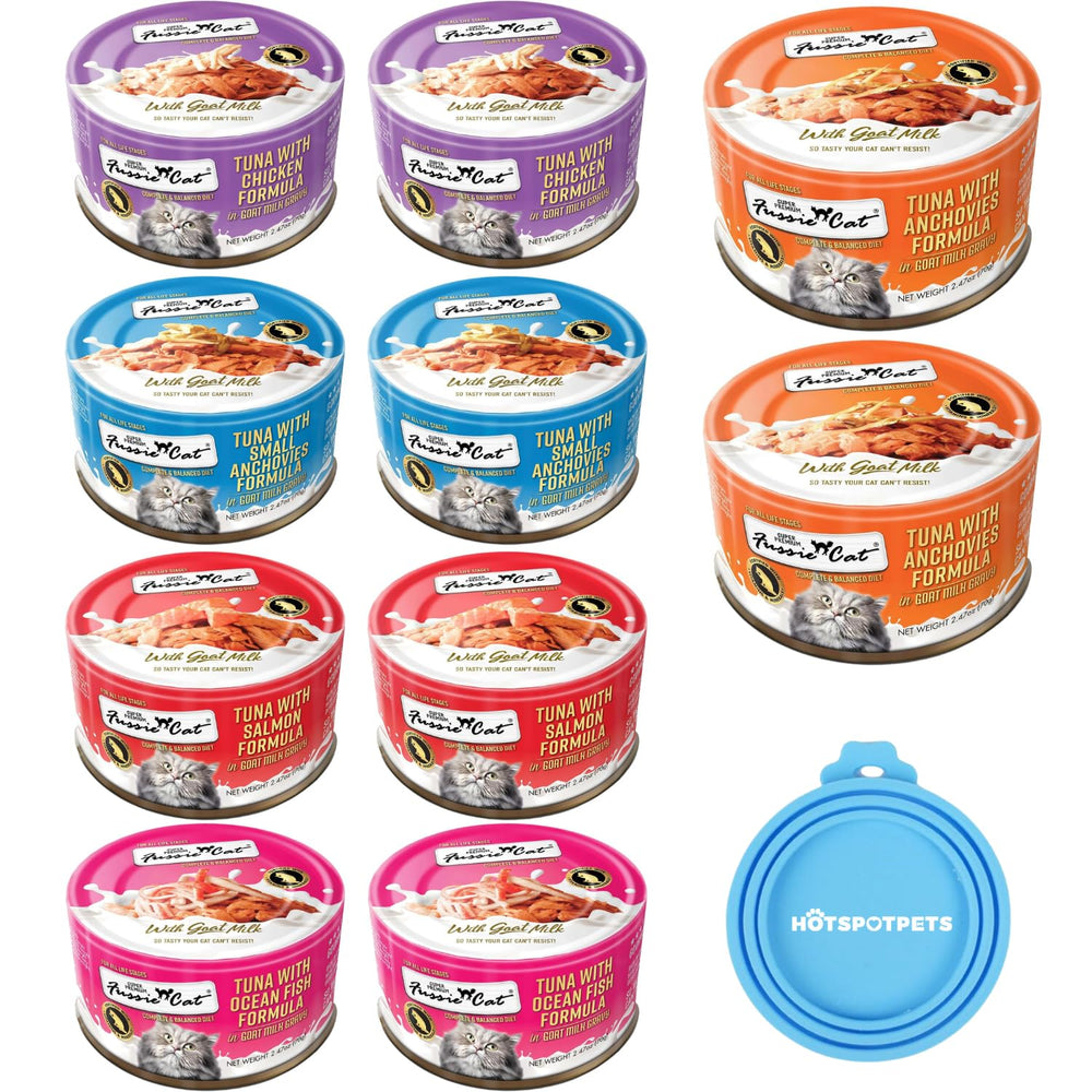Fussie Cat goat milk gravy front can shows premium hydration-friendly meal