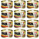 Fussie Cat grain-free canned food collection shows three flavors for rotating meals.