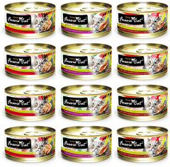Fussie Cat grain-free canned food collection shows three flavors for rotating meals.