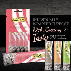 Fussie Cat Premium Puree Four-Pack Tubes showing varied flavors and ready-to-serve convenience