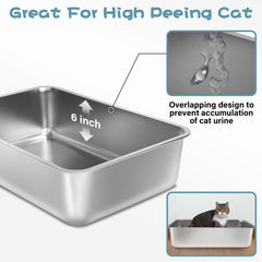 FUTAM stainless steel litter box pack with high sides reduces litter scatter during use
