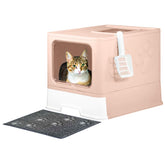 Fuxopo Upgrade Portable Litter Box top entry pink lid design helps contain mess.