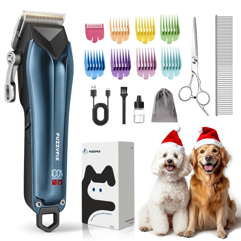 FuzzyFix dog clippers with detachable blade for easy cleanup after grooming.