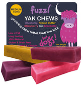 Fuzzl Yak Chews blueberry pack-4 closeup highlighting natural flavor for enrichment.