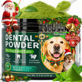 Fuzzycare dog dental powder bottle highlights 150g supply for at-home dental care
