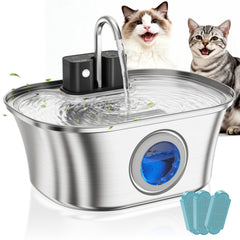 FWMB cat water fountain stainless steel front view highlights durable, hygienic hydration for pets.