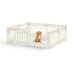 FXW dog playpen with wide door in beige for easy access during playtime.