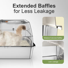 FZGhome stainless steel litter box high sides emphasize spill prevention during kicks.
