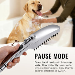 G-Promise built-in brush on dog shower attachment gently cleans while rinsing