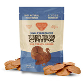 Gaines Family Farmstead turkey tendon chips bag shows grain-free, high-protein dog treats