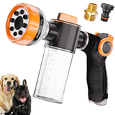 Ganciu dog-washing hose-attachment used outdoors for convenient pet baths.