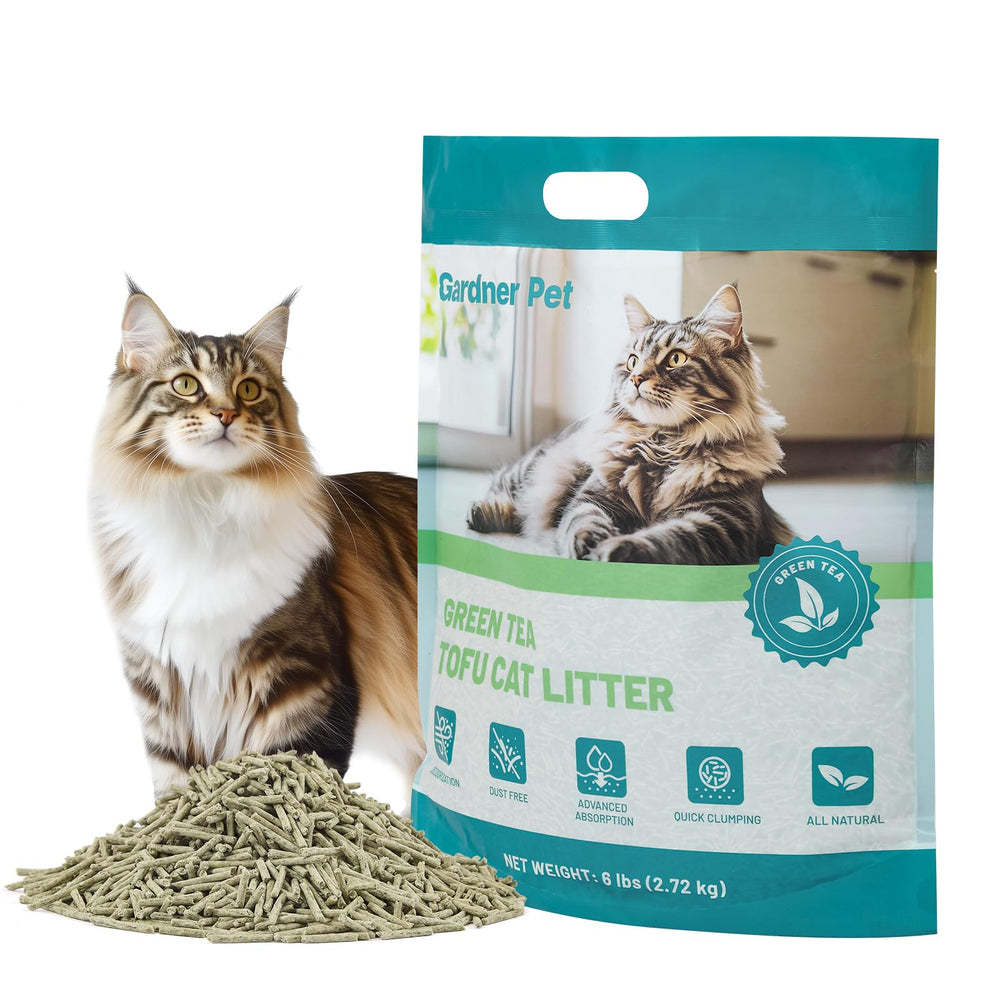 Gardner Pet Natural Tofu Cat Litter packaging demonstrates a compact 6lb bag for easy storage