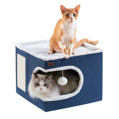 Garnpet cat bed cube house provides a secure hideaway for indoor cats to nap comfortably.