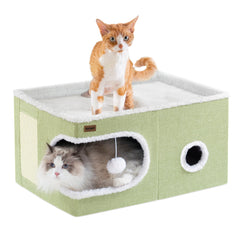 Garnpet cat bed indoors cube house close-up shows cozy retreat for naps.