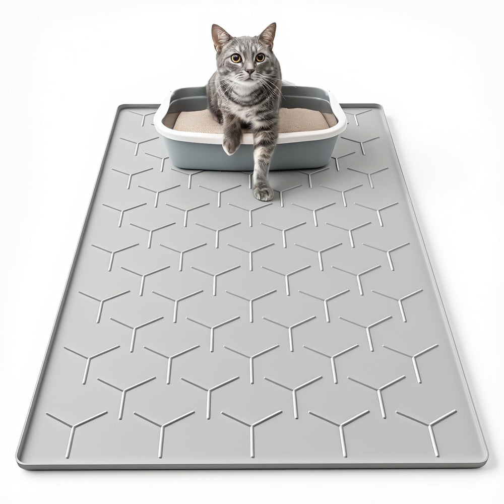 Garoopion cat mat for litter box, 34x22, gray, designed to trap litter and reduce tracking.