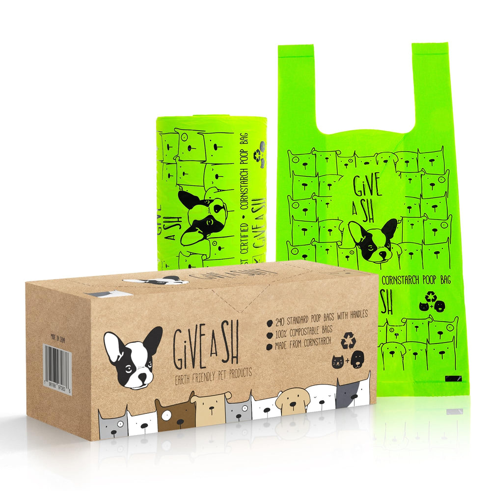 G.A.S compostable dog poop bags box display, eco-friendly packaging.
