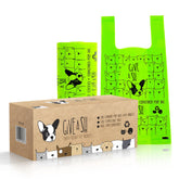 G.A.S compostable dog poop bags box display, eco-friendly packaging.