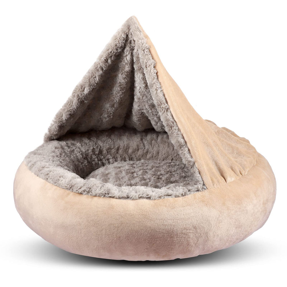 GASUR 23in donut bed with hooded blanket, cozy burrow for small pets.