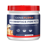 Geneflora digestive enzymes probiotic powder container shown for easy pet digestion support.