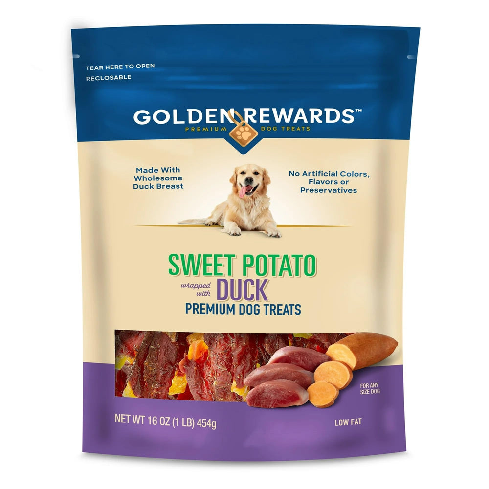 Generic Golden Rewards duck-wrapped sweet potato treats in packaging for freshness and convenience