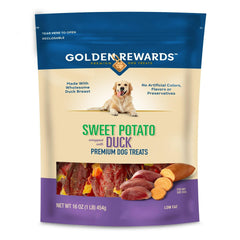 Generic Golden Rewards duck-wrapped sweet potato treats in packaging for freshness and convenience