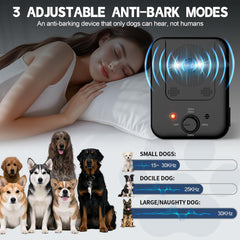 Generic ultrasonic-dog-bark-deterrent side-angle highlights three-frequency operation.