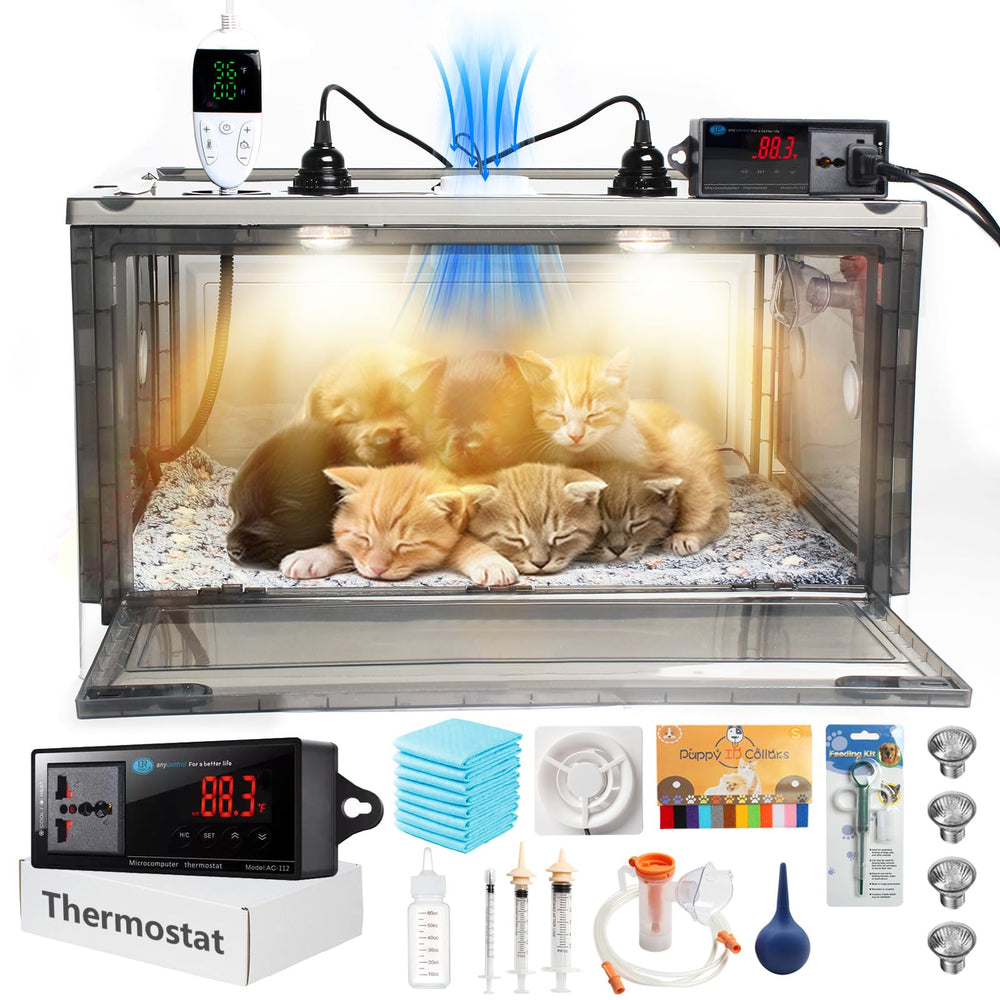 Geniprem Puppy Incubator heating demonstrates gentle warmth for newborn puppies.