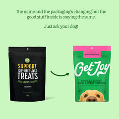 Get Joy ingrediente único hígado de res, snack puro para perros con dieta limitada.