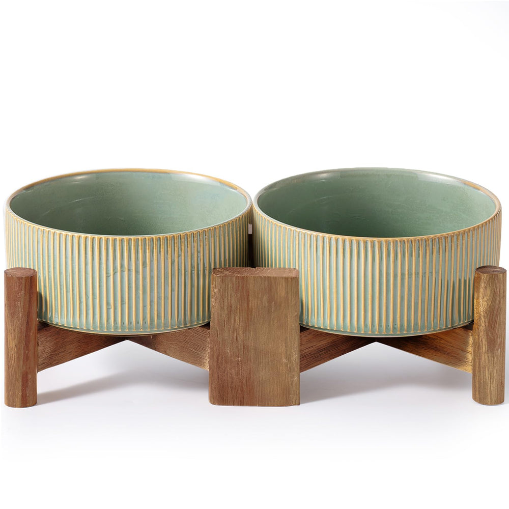 Getstar ceramic dog bowls with acacia stand provide a stable feeding setup for pets.
