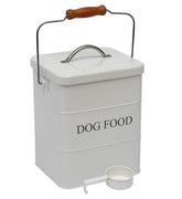 Geyecete dog food storage tin with lid and spoon for easy serving.