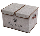 Geyecete large storage box with lid and handles keeps dog outfits neatly organized on shelves.