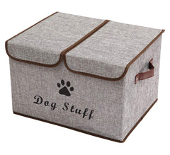 Geyecete large storage box with lid and handles keeps dog outfits neatly organized on shelves.
