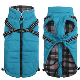 Geyecete winter coat blue XL front view with harness traction belt for secure outdoor walks