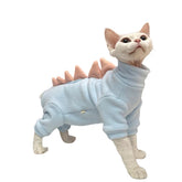 GigglyHouse Sphynx dinosaur costume blue, front view, cozy warmth for hairless cats