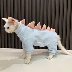 GigglyHouse Sphynx dinosaur costume blue, tail view, playful style for Rex breeds