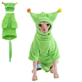 GigglyHouse Sphynx jumpsuit green front view provides cozy warmth for hairless cats.