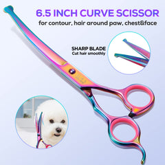 Gimars ergonomic handles on dog grooming scissors promise comfortable use during long grooming.