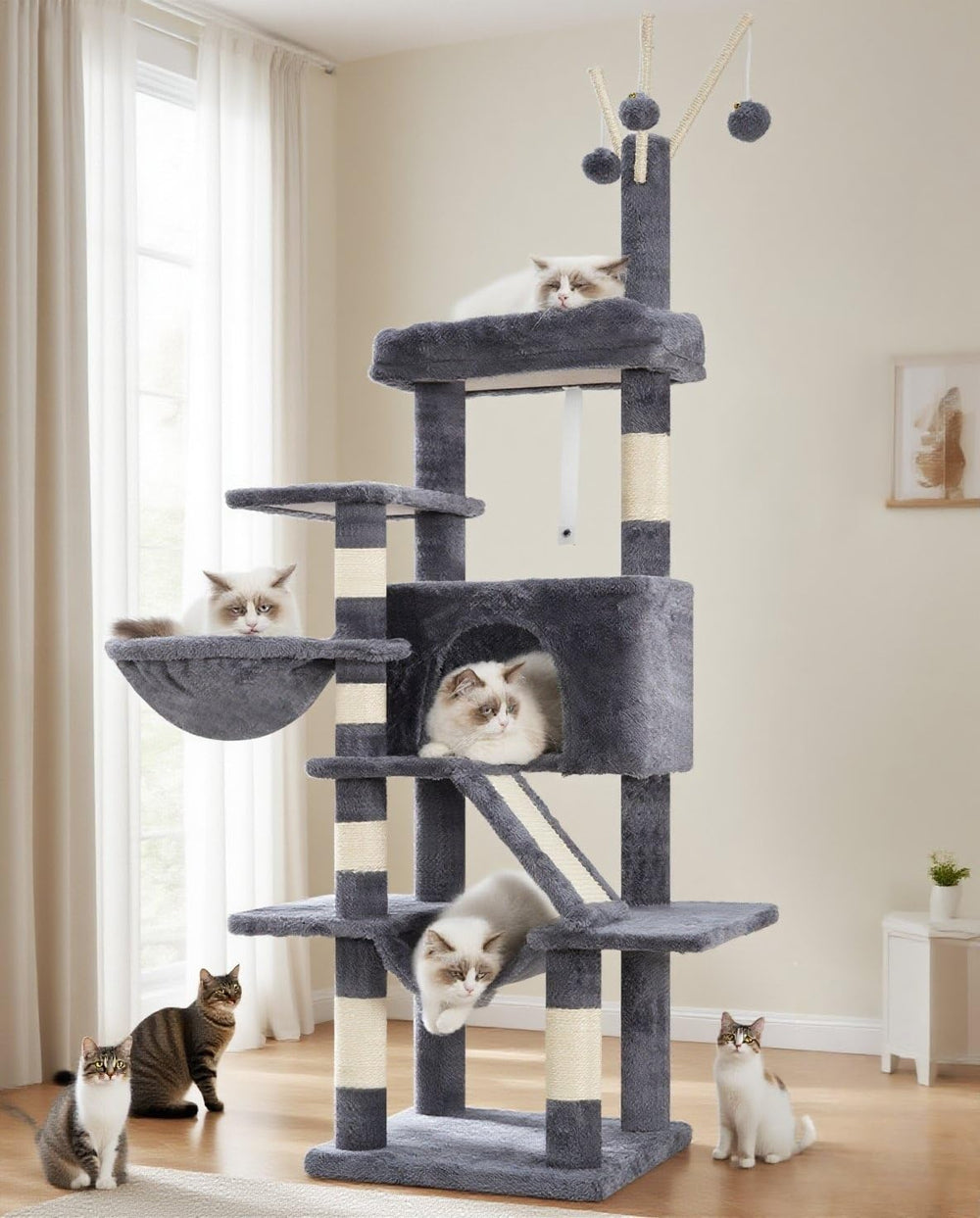 Gitelsnour cat tree smoky gray top platform provides high perch for watching and resting.