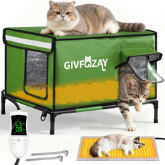 GIVFOZAY heated cat house front view highlights durable 900D fabric for all-weather shelter.