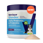 Glandex daily probiotics powder jar highlights gut health and fiber support for dogs
