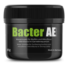 GlasGarten Bacter AE powder tin label highlights probiotic blend for shrimp tank health.