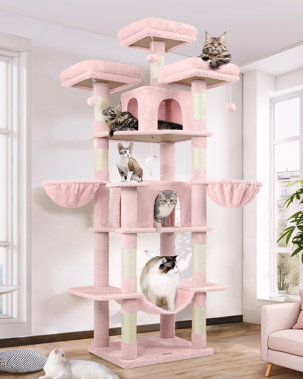 Globlazer Big Pink Cat Tower—multi-level design supports shared play among cats.