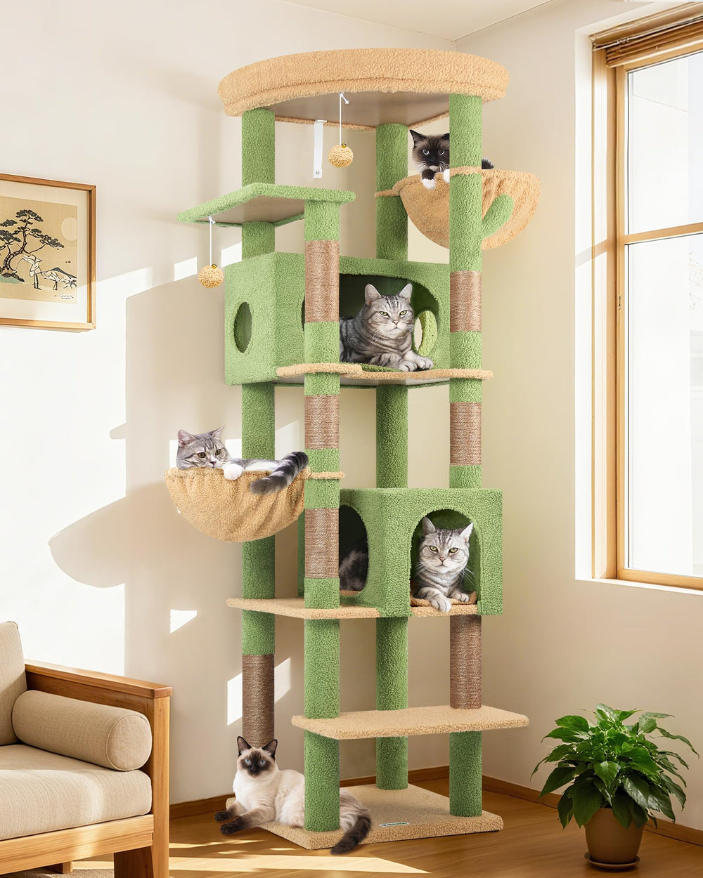 Globlazer cactus cat tree 74in tall front view shows stable design for large cats