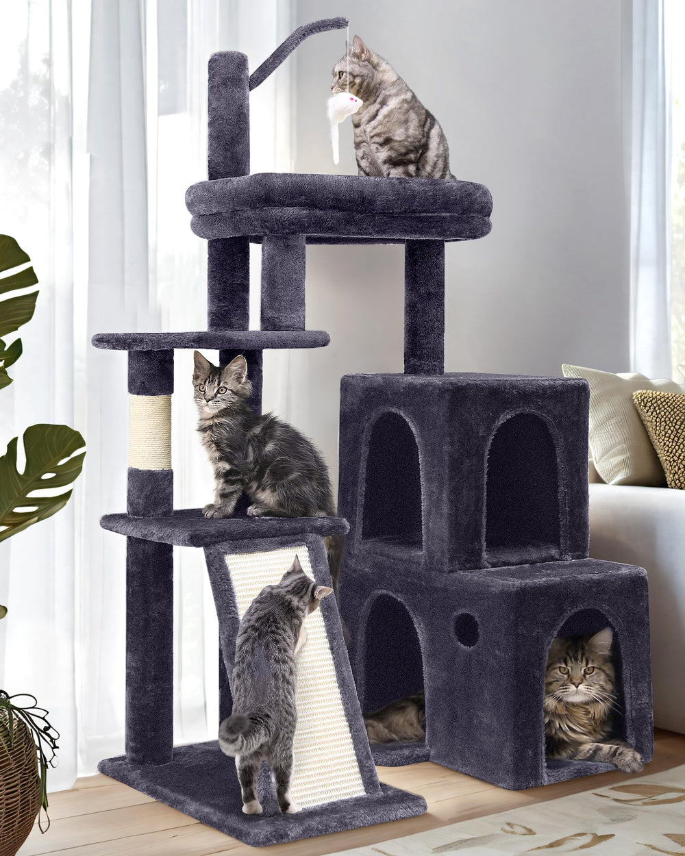 Globlazer cat tower side view shows sturdy base for big cats and secure climbing.