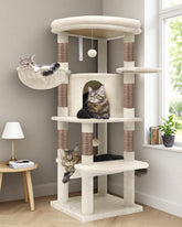 Globlazer corner cat tree top platform provides lounging and observation from height.