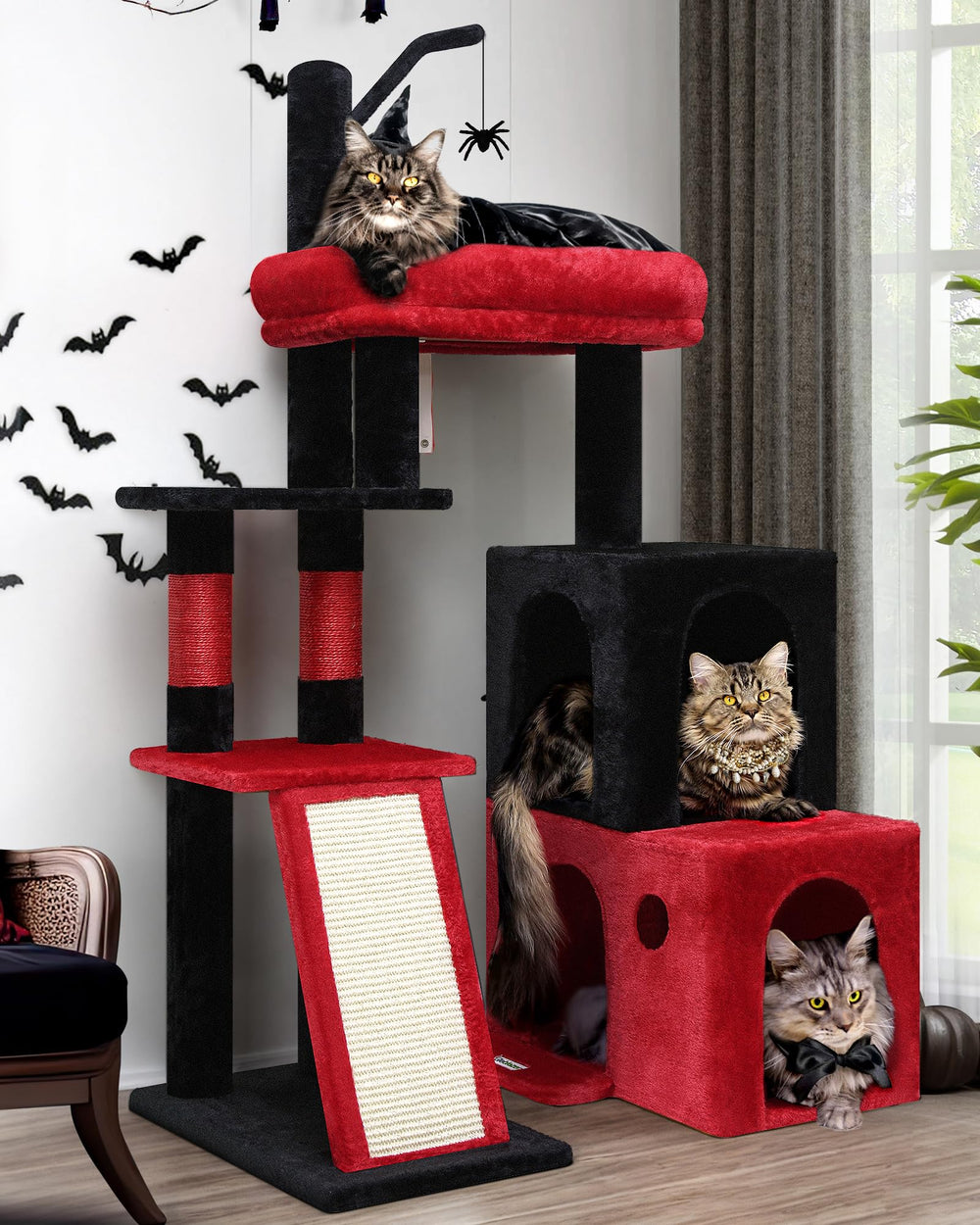 Globlazer Gothic Cat Tower side view shows sturdy 50-inch height for big cats.