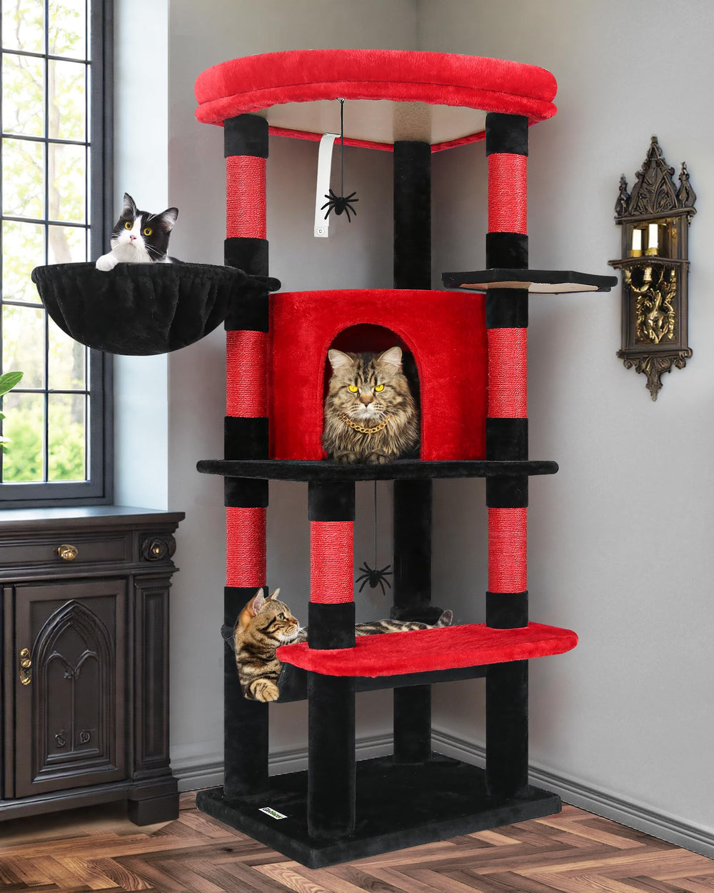 Globlazer Gothic Corner Cat Tree Tower top perch offers a spacious view and cozy lounging.