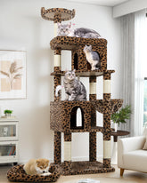 Globlazer heavy duty cat tree 72in leopard front view shows a sturdy multi-level perch for climbing and lounging