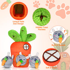 Globright carrot hole foraging feature promotes sniff and search and treat discovery.